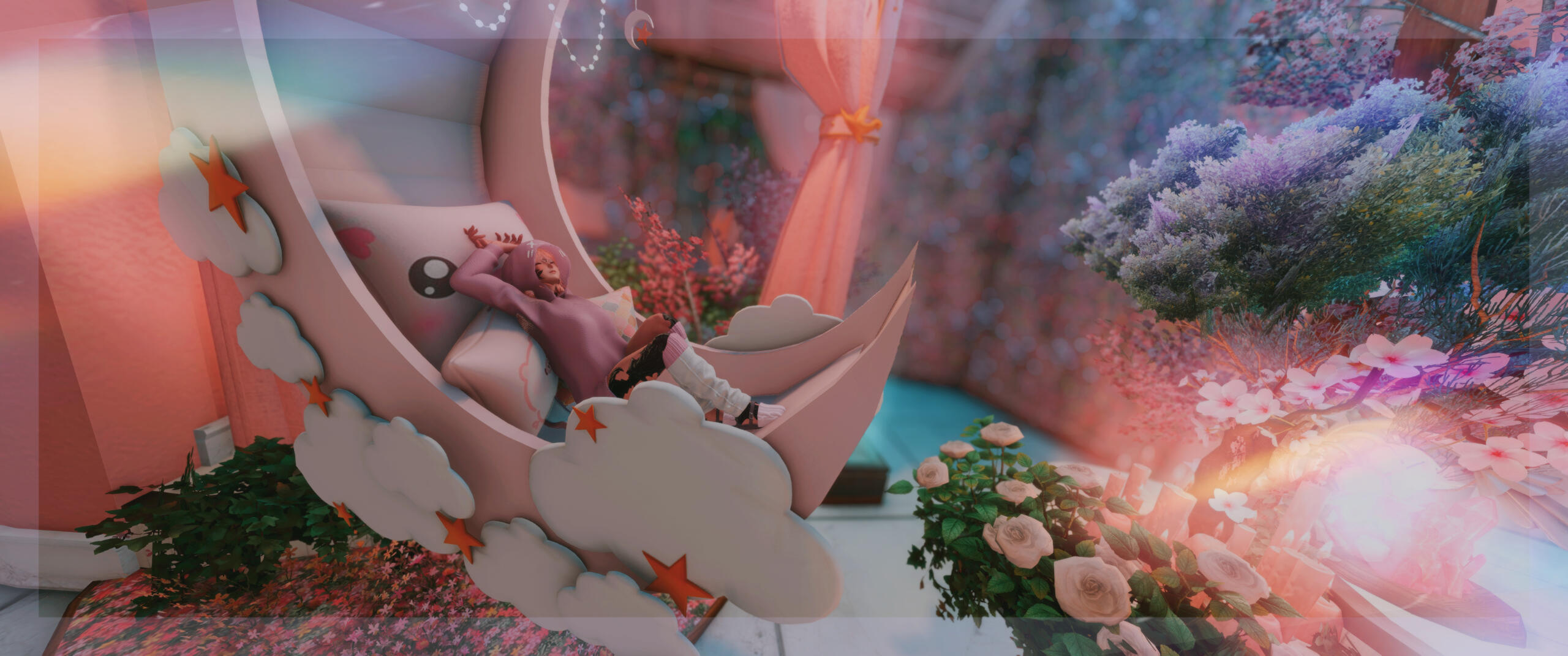 Alma eepies Alma in a comfy looking outfit laying in a crescent moon bed, drifting off to dreamland